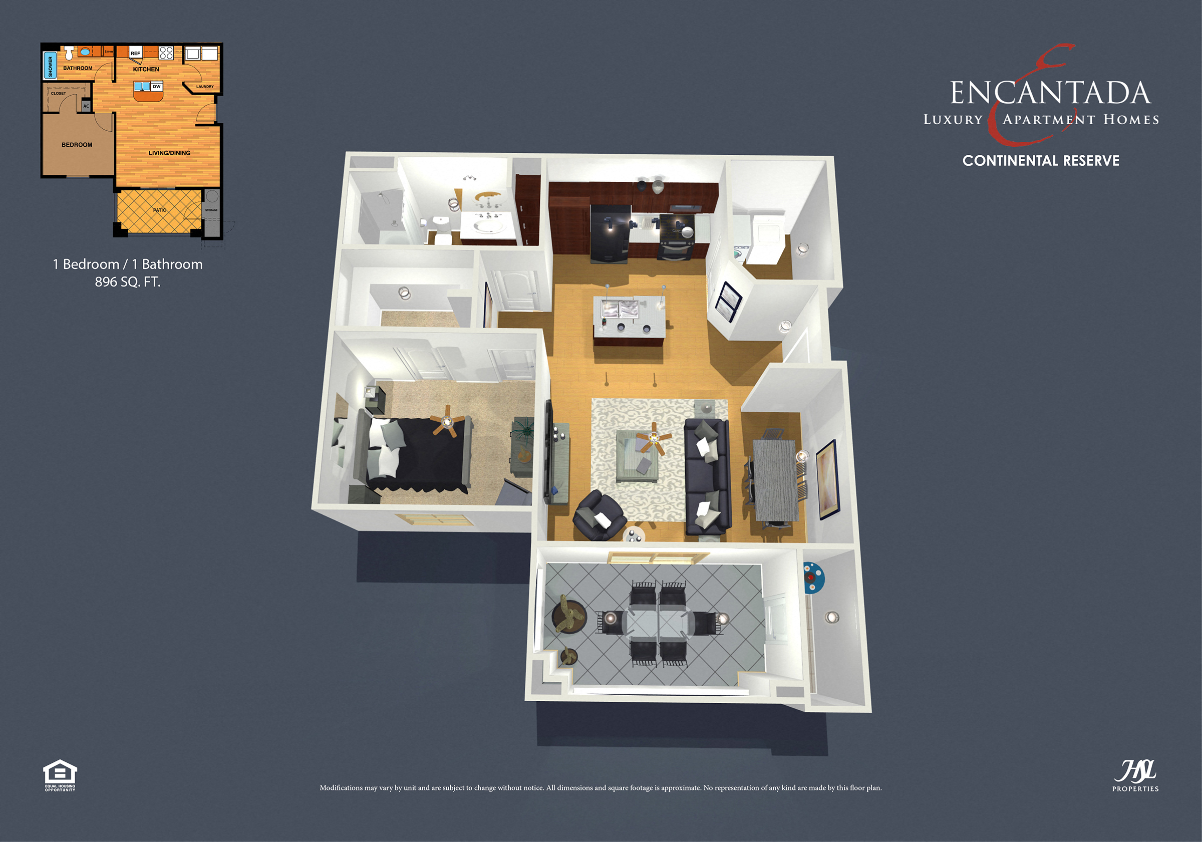Floor plan for 1 bed, 1 bath, 896 sqft